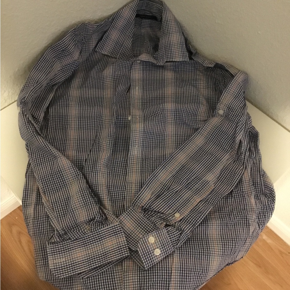 Perry Ellis Blue and White Checked Button-Down Shirt